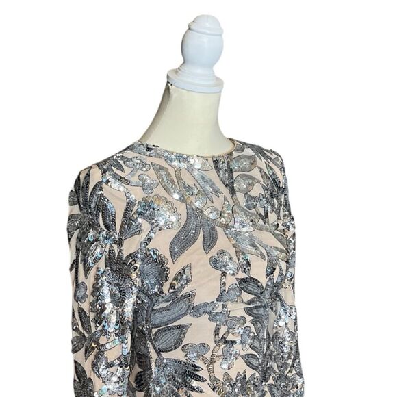 Dress the Population Emmalyn Dress Nude Silver Foliage Floral Print NWD US XS - Picture 6 of 13